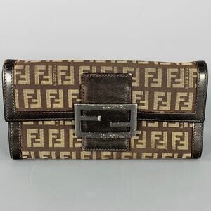 FENDI 2009 Foglio Forever Brown Yellow Monogram Fabric Leather Wallet